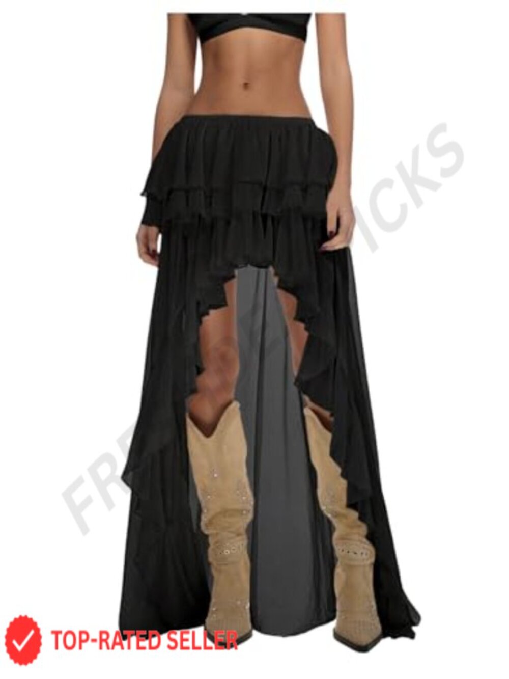 Boho Layered Ruffle Chiffon Maxi Skirt Y2K Asymmetrical Cowgirl